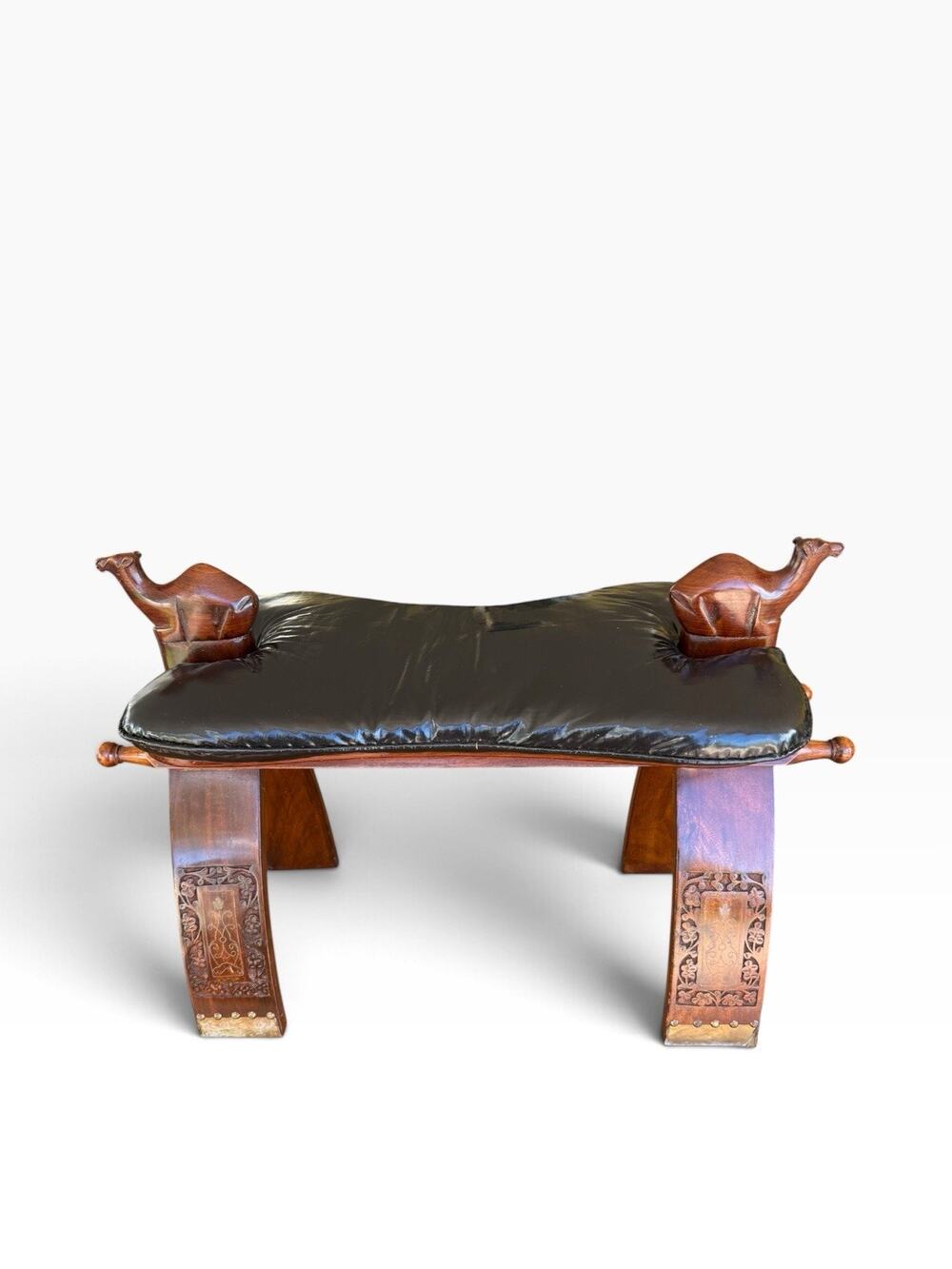Camel Saddle Stool Rosewood,Inlay,Brass Leather Ottoman 1950's M Hayat Bros?